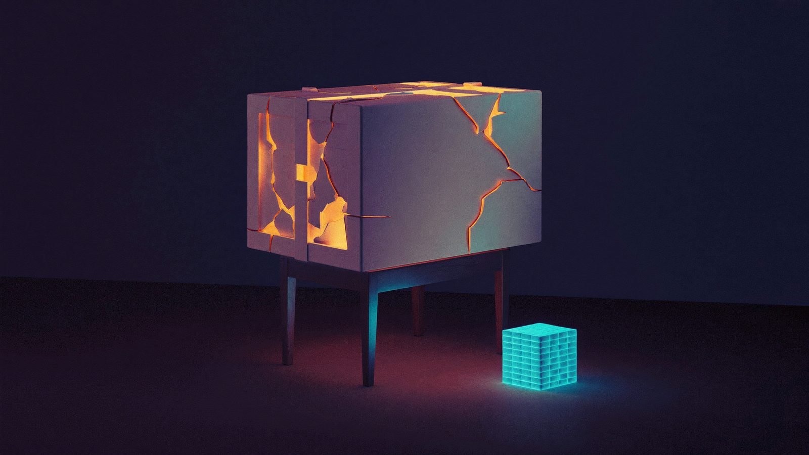 Una mesa pequeña doblándose bajo una caja enorme y agrietada, junto a un cubo pequeño y ordenado de luz cian.