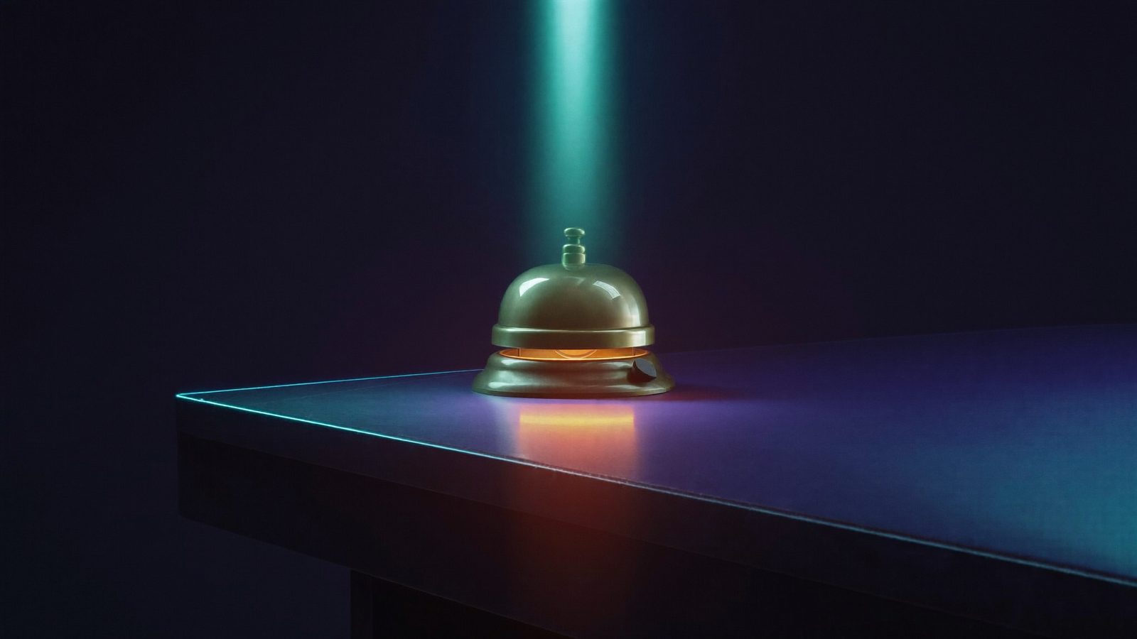 A lone brass bell on a dark desk, crossed by a cyan beam and a violet glow.