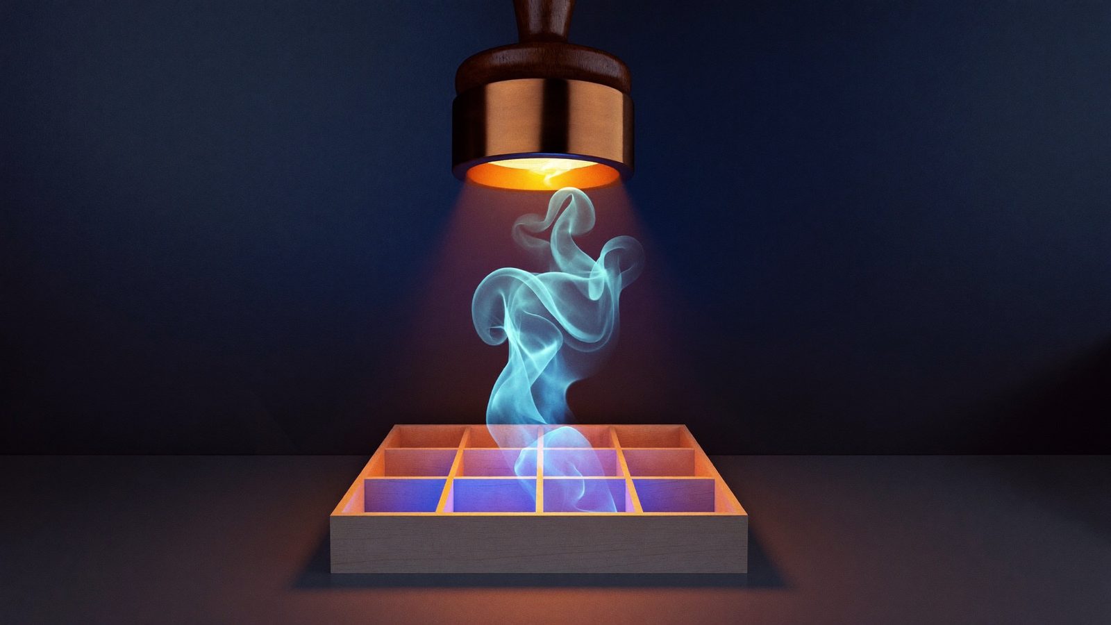 A tray of empty slots being filled by drifting cyan mist, beneath a suspended brass stamp glowing warm amber.