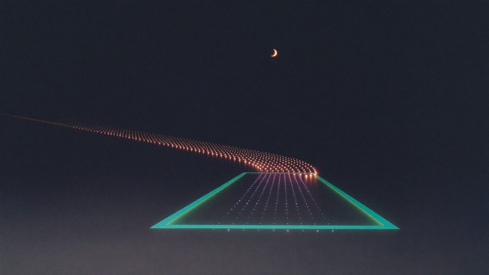 A long line of light dots across the floor and a cyan frame enclosing one stretch, under a crescent moon.