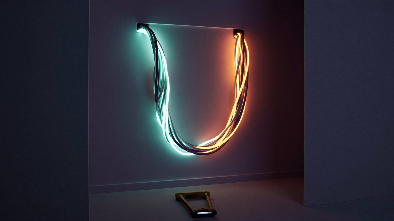 Pared abierta en el centro con dos haces de cables luminosos, uno cian y otro ámbar, brillando con distinta intensidad.