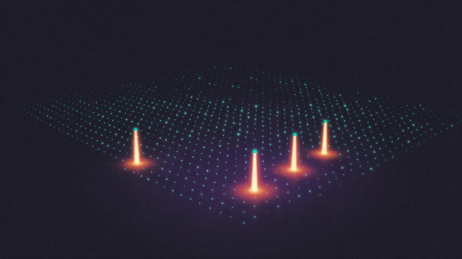 Un campo oscuro de miles de puntos de luz tenues, con unos pocos iluminados en ámbar por haces verticales.