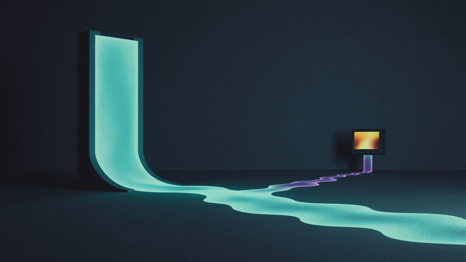 Un río de luz cian se bifurca: la rama ancha sube a una pantalla vertical y una rama violeta llega a un monitor ámbar
