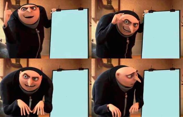 Meme Gru's Plan: Todo en un JSON / Borrar con un clic / Copiar 130 MB por clic / Copiar 130 MB por clic